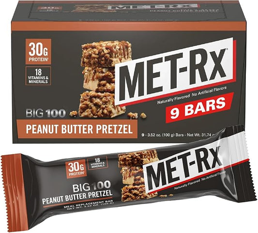 MET-Rx Big 100 Colossal Protein Bars, Great as Healthy Meal Replacement, Snack, and Help Support Energy, Peanut Butter Pretzel, With Vitamin A, Vitamin C, and Zinc, 100 g, (Pack of 9)