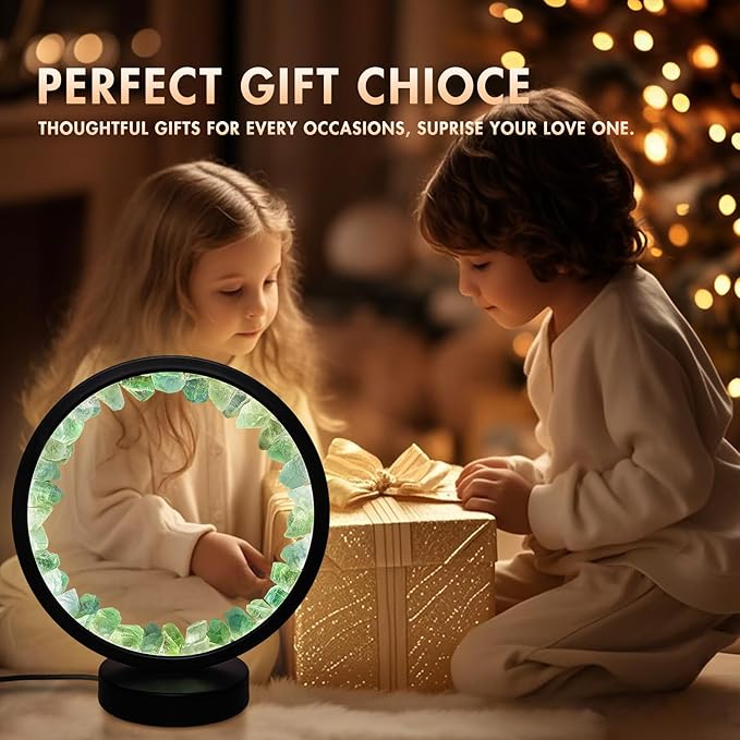 Healing Crystal Bedside Lamp,3 Colors Ambient Night Light,USB Dimming Crystal Table Lamp,Natural Energy Crystal Decor for Bedroom Home Dating Gift (Green, Circle)