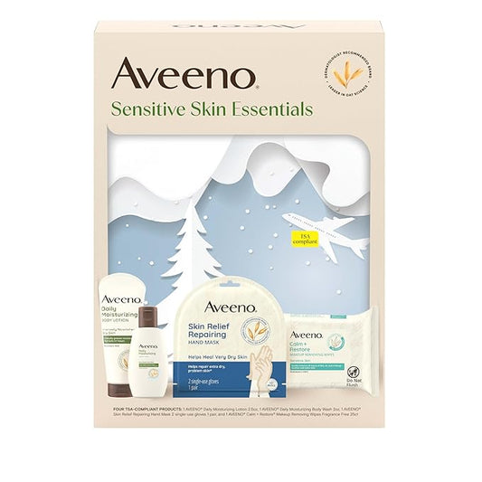 Aveeno Sensitive Skin Essentials Gift Set with Daily Moisturizing Lotion, Daily Moisturizing Body Wash, Calm + Restore Makeup Removing Wipes, & Skin Relief Repairing Hand Mask, 4 items