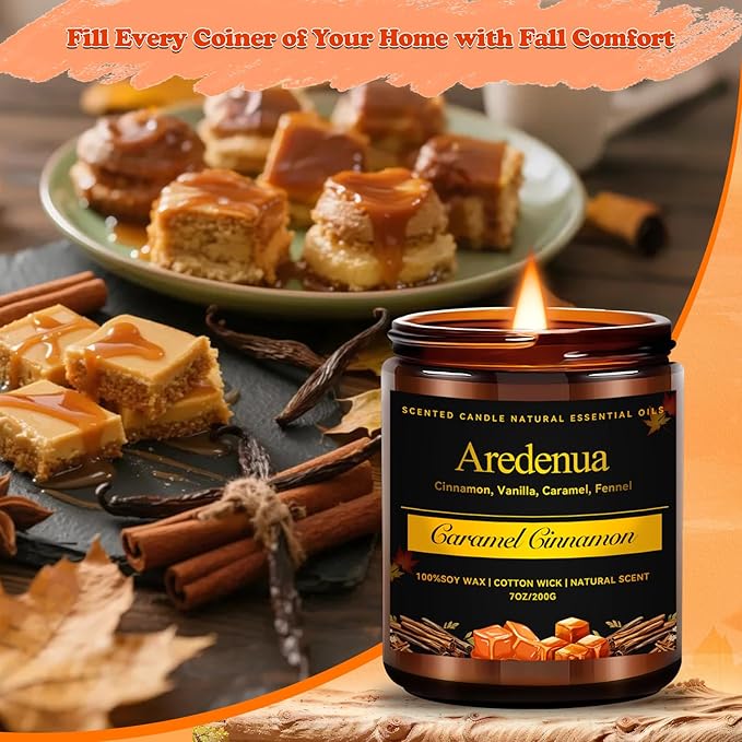 Caramel Cinnamon Candle - Fall Candles | Cinnamon Scented Candles for Autumn, 7oz Fall Soy Candles for Home Scented, 50 Hours Burn Time, Cozy Season/Halloween/Thanksgiving/Autumn Gifts for Women Men