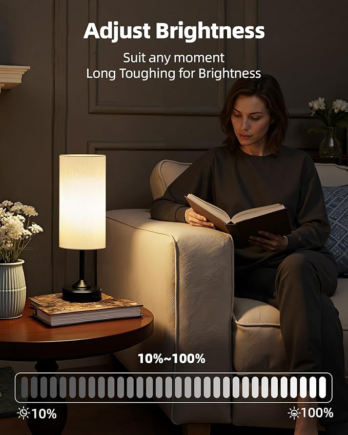Battery Operated Lamp, Dimmable, 2700K, Timer, Touch Control, Portable, LED, Wireless, Rechargeable, Cordless, Desk Lamp, Kitchen Lamp, Fabric Shade, for Dining Room, Bedroom, Living Room, Dorm
