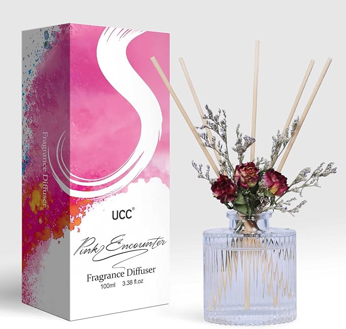 UCC Reed Diffuser Set, 3.38 oz Pink Encounter Premium Hotel Collection Scented Diffuser with Flower Sticks Home Fragrance Reed Diffuser for Bathroom Shelf Decor