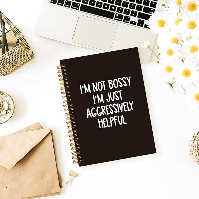 Funny Office Notebooks for Work, Sarcastic Gifts, Office Supplies, I'm Not Bossy I'm Just Aggressively Helpful College Ruled Hardcover Spiral Notebook 5.5x8.3
