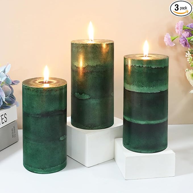 Dark Green Pillar Candles 3x6 Inch Fir Scented Candles Hand-Poured Long Lasting Burning Large Candle Holiday Forest Christmas Decoration Candle for Home Fragrance Gift Table Wedding 3 Pack