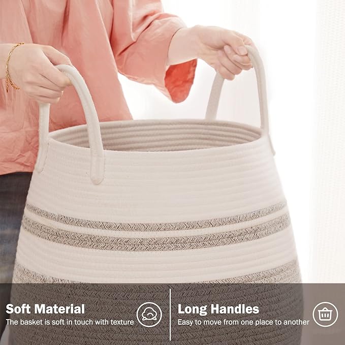 65L Cotton Rope Laundry Hamper by Fiona's magic, Large Woven Tall Laundry Basket for Storage Clothes and Toy in Bedroom, Living Room Organizing, Collapsible, Brown & White