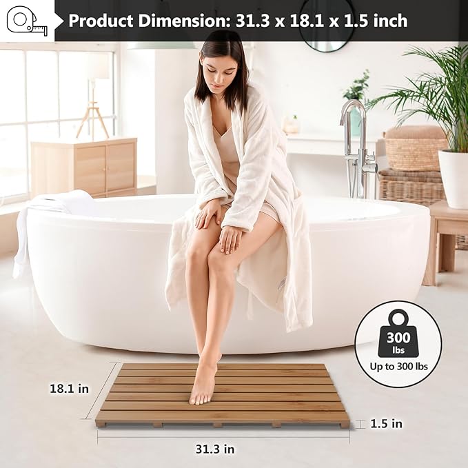 Domax Wooden Bamboo Bath Shower Mat- Non-Slip Waterproof Large Bathroom Floor Mat for Indoor Outdoor (Walnut, 31.3 x 18.1 x 1.5 Inches)