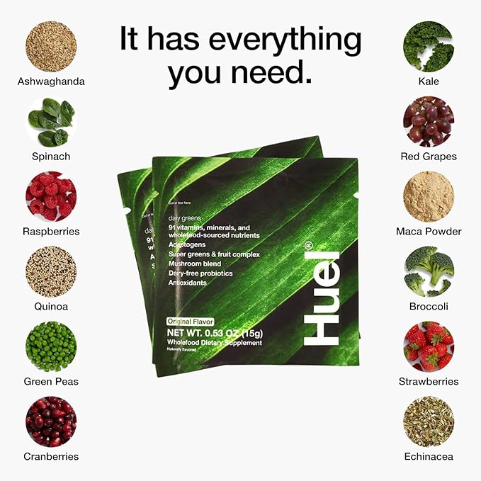 Huel Daily Greens Single Serve | Superfood Greens Powder | 91 Vitamins, Minerals, and Wholefood-Sourced Ingredients | Adaptogens, Antioxidants, Gut-Friendly Probiotics | 12 Pack