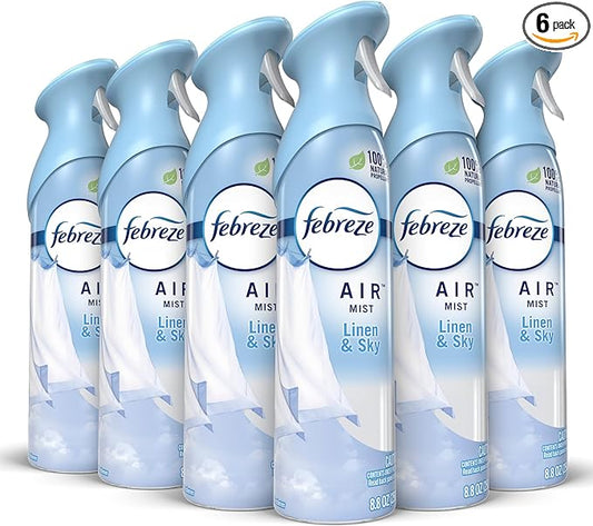 Febreze Air Mist Air Freshener Spray, Odor-Fighting Room Spray, Air Fresheners for Home and Bathroom and Kitchen, Aerosol Can, Linen & Sky Scent, 8.8oz, 6 Count