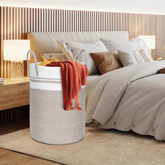 72L Large Laundry Basket, Laundry Hamper with Handles, Clothes Storage Basket, Tall Woven Rope Storage Basket for Dirty Clothes, Blankets, Pillows in Bathroom, Bedroom (Brown, 16 x 22in)