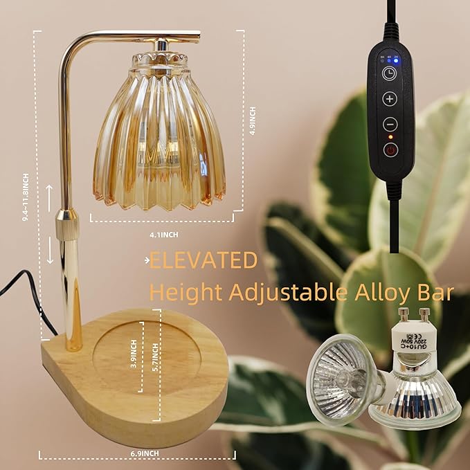 Candle Warmer Lamp with Timer & Dimmer, Height Adjustable Wax Melting Lamp with 2 Bulbs, Safe Flameless Candle Warmer for Home Décor, Gift for Wife, Mom, or Girlfriend, Warm Yellow