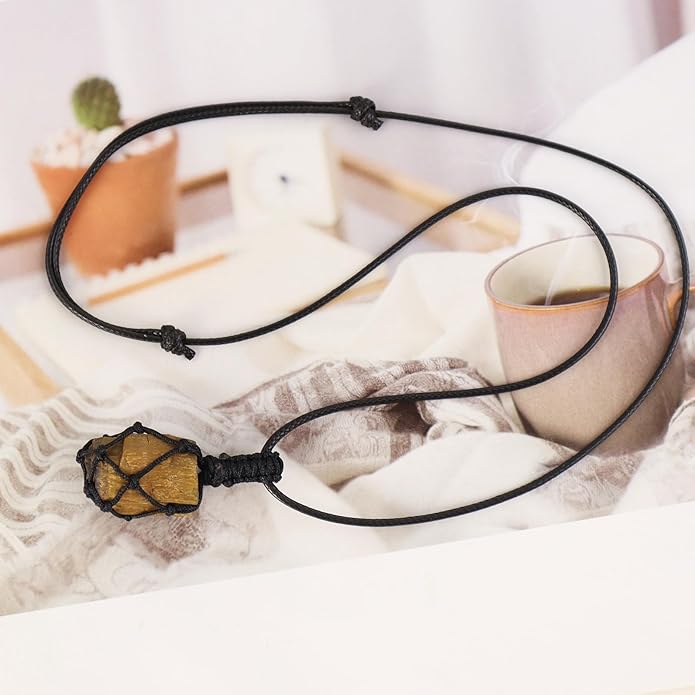 Handmade Natural Gemstone Crystal Pendant Necklace Stone Holder Necklace Cord Net Necklace with Adjustable Length for Women Men