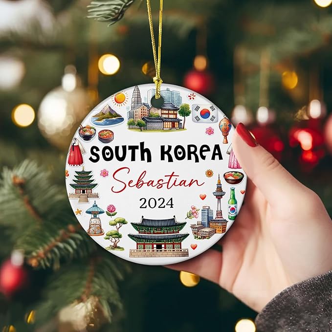 Artistic South Korea Landmarks and Heritage Christmas Keepsake Decor, Personalized Cultural Korean Ceramic Ornament Xmas 2025, Custom Name South Korea City Travel Souvenir Christmas Ceramic Ornament