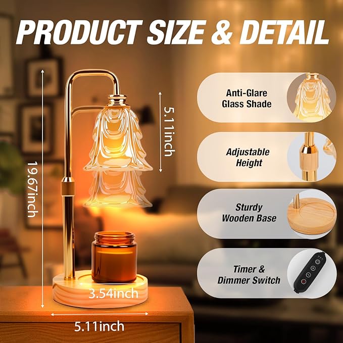 Candle Warmer Lamp with Timer and Dimmer, Electric Wax Warmers for Scented Candles with 5 Brightness Settings, Anti-Glare Lamp with Adjustable Height, Home Decor, Gift for Christmas, Birthday