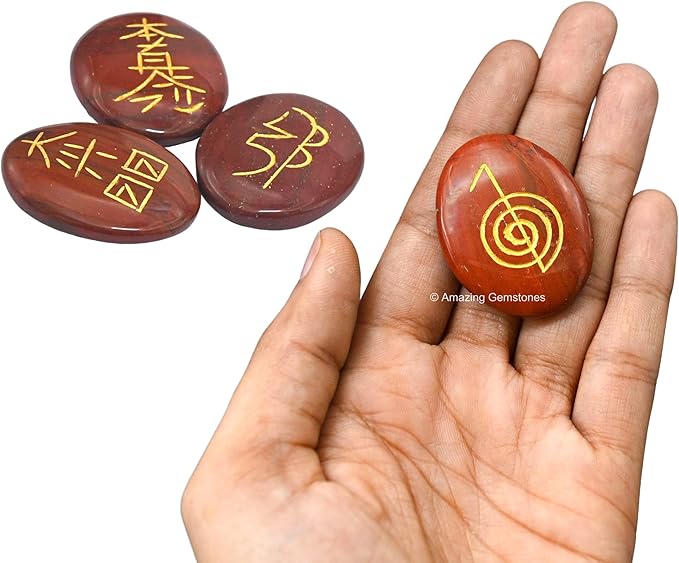 Amazing Gemstone Red Jasper Crystal Reiki Stones with Engraved Symbols for Usui Reiki Healing, Set of 4 Pcs (Indian Handmade Reiki Gift Set)