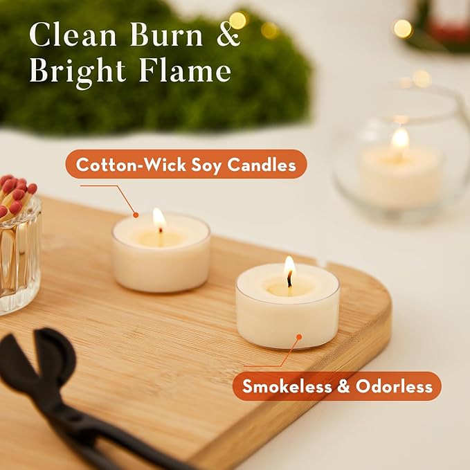 Crenovo Tea Lights Candles 25 Pack, Natural Soy Wax Tealights Candles Bulk 6 Hours Non-Toxic, Long Burning, Unscented Small Votive Cup Candles for Wedding, Party, Dinner, Emergency
