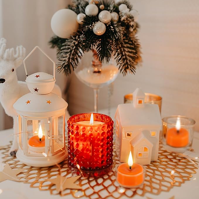 Eywamage Orange Flameless LED Tealights with Remote Batteries, Halloween Fall Battery Tea Votive Candles Real Wax Flickering Set of 10