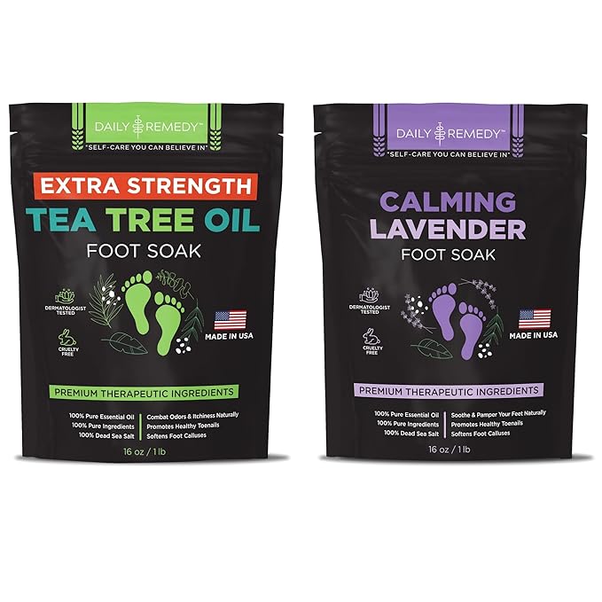 DAILY REMEDY EXTRA STRENGTH Tea Tree Oil & Calming Lavender Foot Soak Set - Made in USA - Soothes Sore Tired Feet, Athletes Foot, Stubborn Foot Odor, and Softens Calluses - Pack of 2