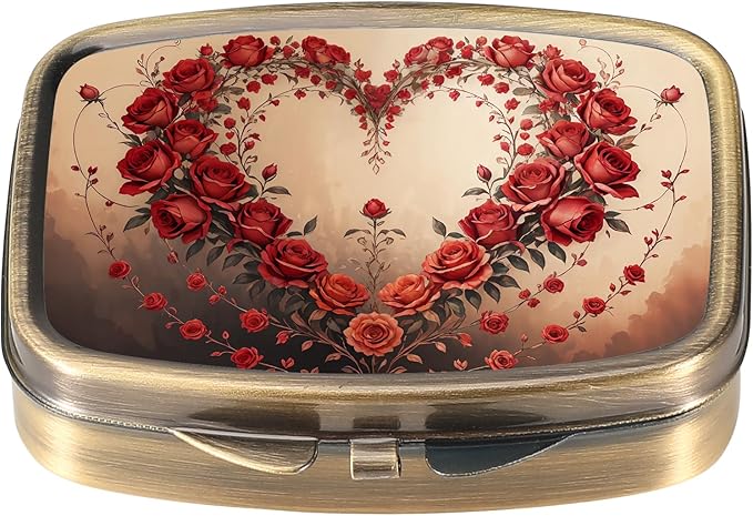 Dynippy Pill Case Pill Box with Mirror Retro Pocket 2 Compartment Medicine Case Vitamin Pill Organizer for Pocket Purse and Travel (Retro-Rose Heart Wreath)