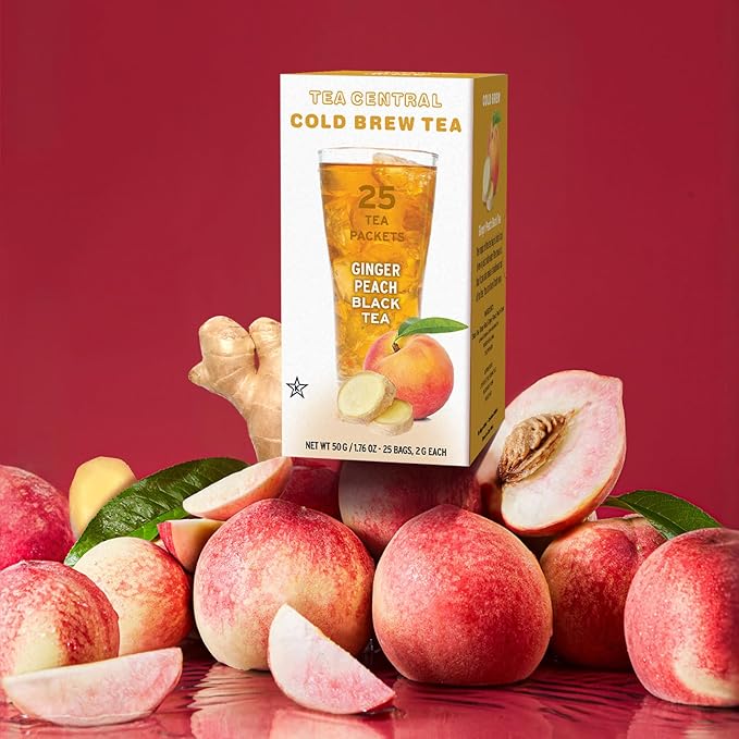 Life Plus Style Gourmet TEA CENTRAL Ginger Peach Black Tea Organic Ceylon Refreshing Tea Beverages Ginger Natural Sweet Flavored Cold Brew Peach Tea Bags Everyday Wellness Iced Drink 25 Tea Bags