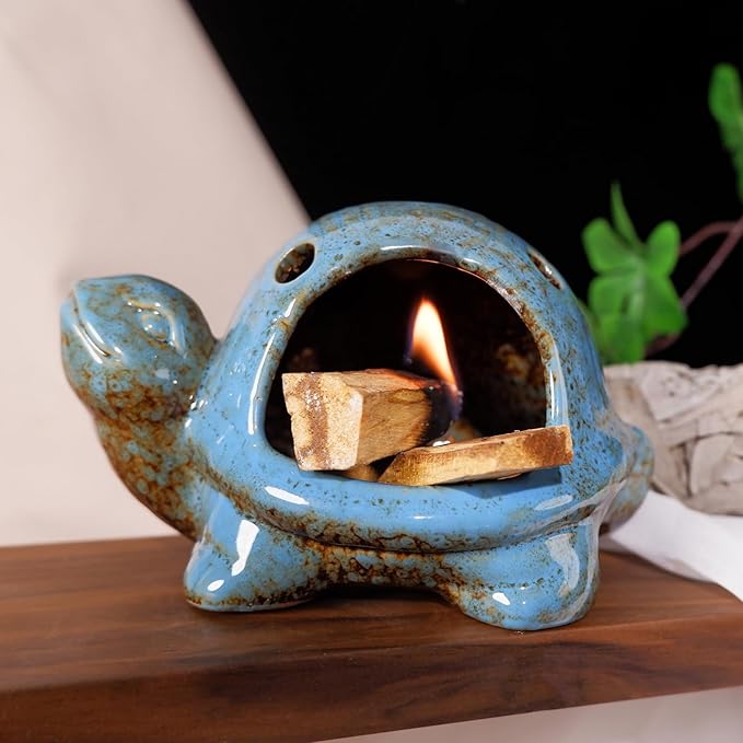Blue Ceramic Turtle Palo Santo Burner - Mini Chiminea, Burns Palo Santo、Sage、Incense Cones, Doubles as Small Candle Holder for Energy Cleansing、Yoga、Meditation、Zen、Altar Aromatherapy