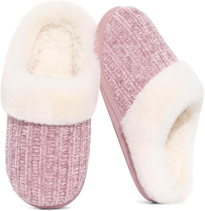 Evshine Warm Knit House Slippers for Women Comfy Wool-Like Lined Chenille Slippers with Memory Foam and Indoor Outdoor Soles