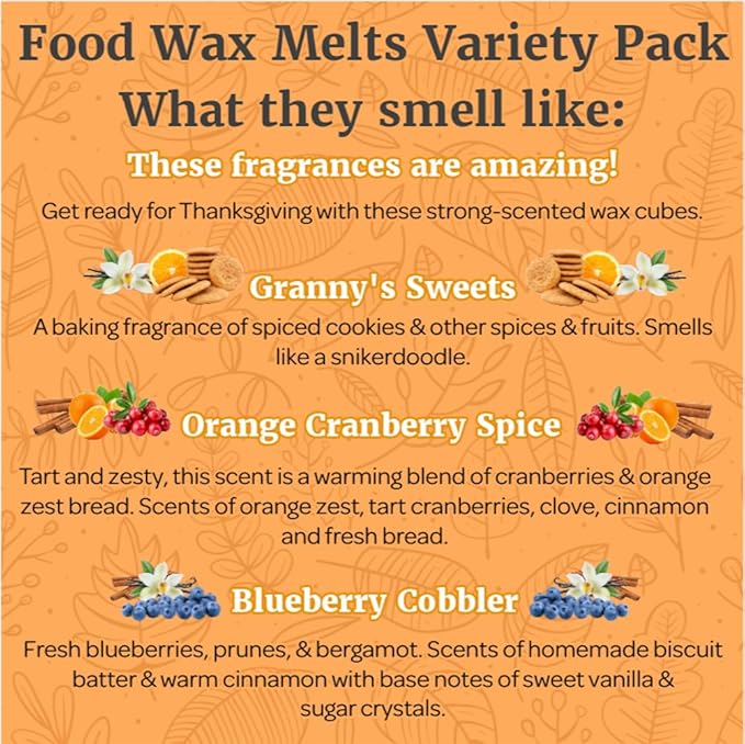 Fall Wax Melts Wax Cubes 5 Pack - Orange Cranberry Blueberry Apple Wax Melts Fall Scents, Soy Blend Fall Scented Wax Melts, Cookie Food Wax Melts (30 Cubes, 11 oz, Thanksgiving Wax Melts Variety Pack)