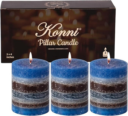 KONNI Blue-Coffee Layered Pillar Candles Set of 3, 3"x 4" Unscented Pillar Candles Bulk, 39 Hours Long Burning Candle, Smokeless & Dripless Round Candle for Wedding, Home Decor, Party, Spa, Dinner