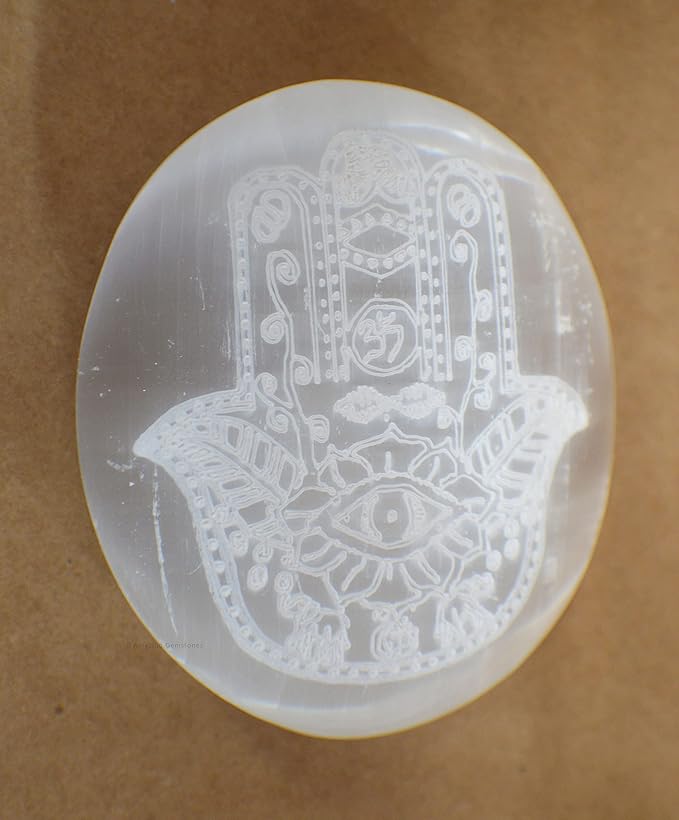Amazing Gemstone Selenite Palm Stone - Hamsa Hand Engraved Hot Massage Worry Stone for Natural Body Chakra Balancing, Reiki Healing and Crystal Grid