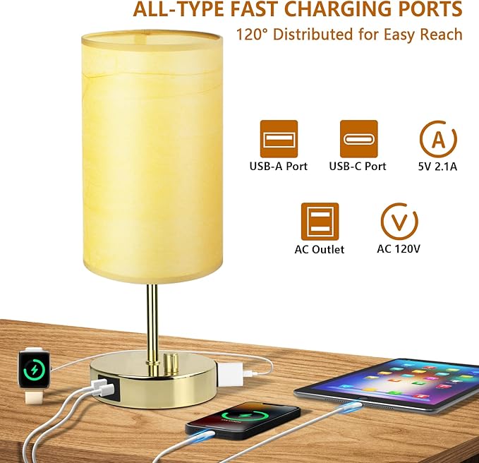 HiBay 17.75" H Dimmable LED Bedside Table Lamps Set of 2with USB Charging Ports & AC Outlet, Modern Gold Nightstand Lights for Bedroom, Office, Living Room, Kids Room, E26 Bulb Included