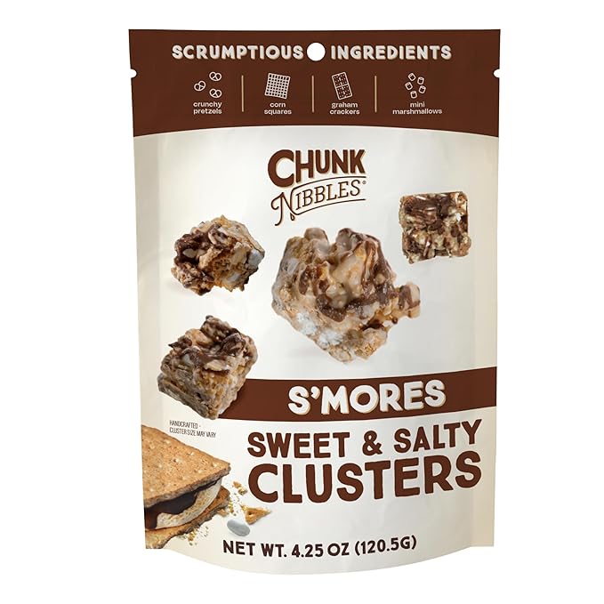Chunk Nibbles S’mores Snack Clusters - Campfire-Inspired Treat with Marshmallows, Graham Crackers, Pretzels & Chocolate - Small Batch, Handcrafted - Gourmet Treat - 4.25oz Resealable Pouch (3 Pack)