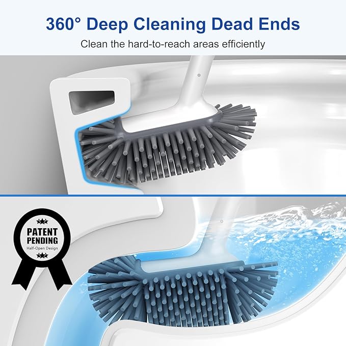 HAMITOR Toilet Bowl Brush Holder Set: Deep Cleaning Silicone Toilet Cleaner Scrubber Under Rim with Curved Bristle for Bathroom Dead Corner Clean - Modern Rv Toilet Decorative Accessories - White
