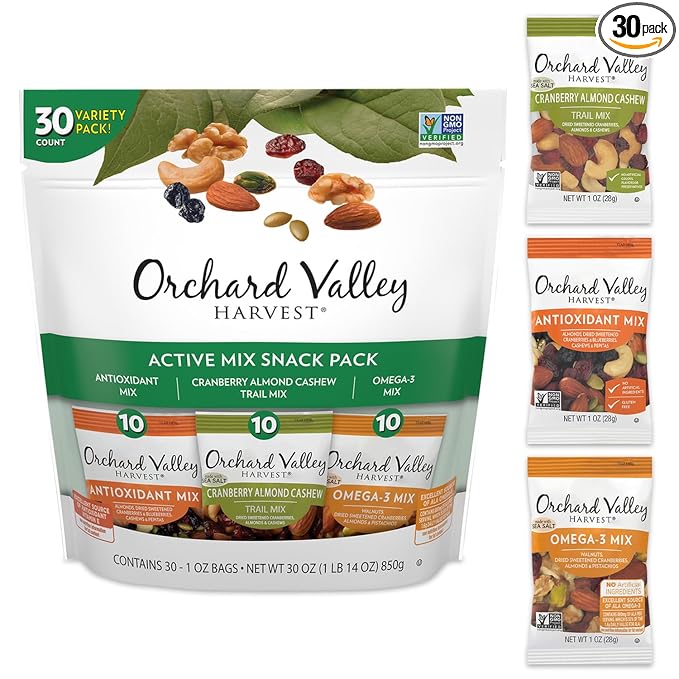 Orchard Valley Harvest Active Snack Pack Mix, 1oz Bags (Variety Pack of 30), Antioxidant Mix, Cranberry Almond Cashew, Omega-3 Trail Mix, Healthy Snacks for Adults and Kids, Gluten Free