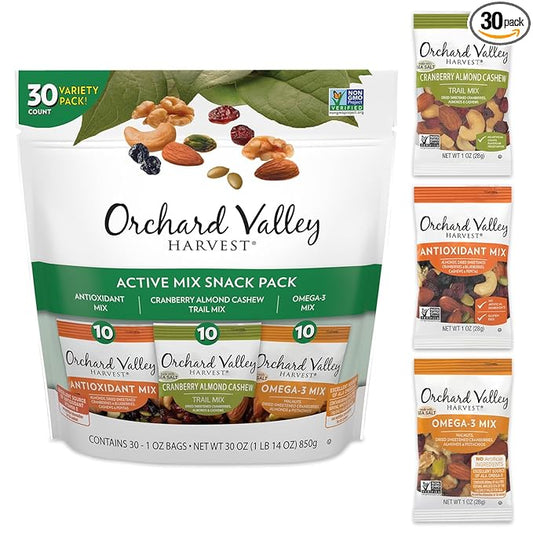 Orchard Valley Harvest Active Snack Pack Mix, 1oz Bags (Variety Pack of 30), Antioxidant Mix, Cranberry Almond Cashew, Omega-3 Trail Mix, Healthy Snacks for Adults and Kids, Gluten Free