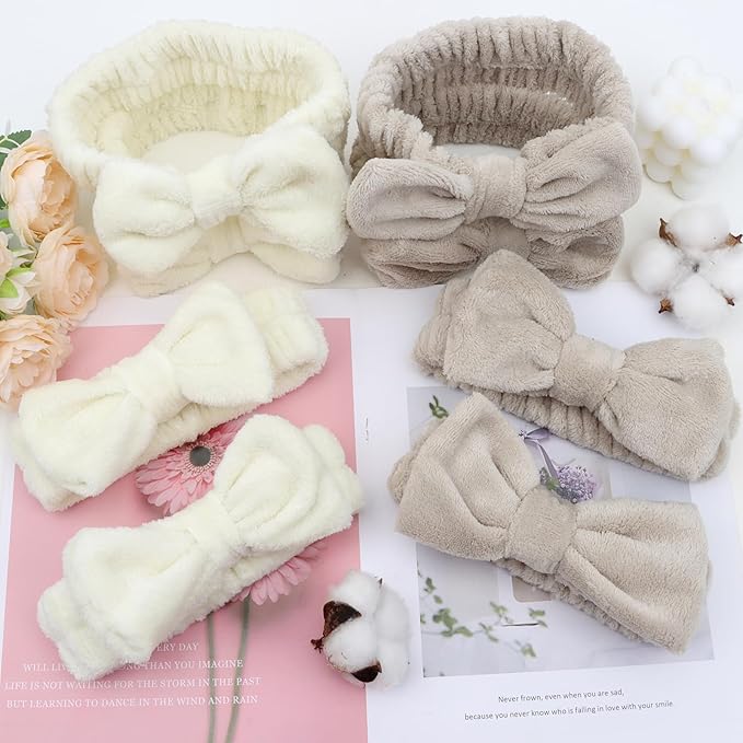 8 Pack Beige SKincare Headband for Washing Face,Spa Headbands for Women Girls Cute Bow Headbands for Makeup Face Wash Hair bands Slumber Party Supplies
