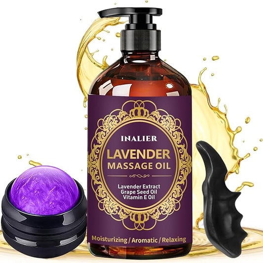Massage Oil for Massage Therapy,﻿Lavender Oil with Massage Roller Ball & Thumb Saver Massager,SPA Relaxing Massage Oi for Soothing,Massage Kit Spa Gifts for Him Her,Gifts for Men Women