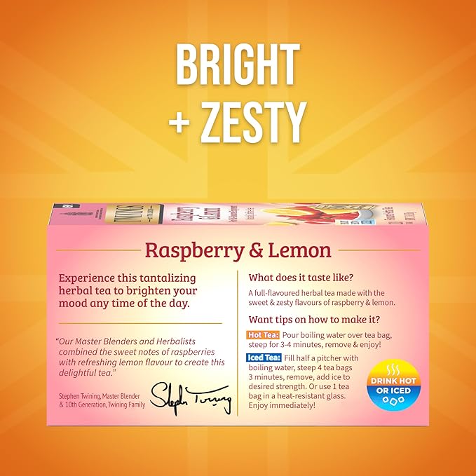 Twinings Raspberry & Lemon Herbal Tea Individually Wrapped Bags, 20 Count (Pack of 6), Fruity & Zesty, Naturally Caffeine-Free, Enjoy Hot or Iced, 120 Teabags