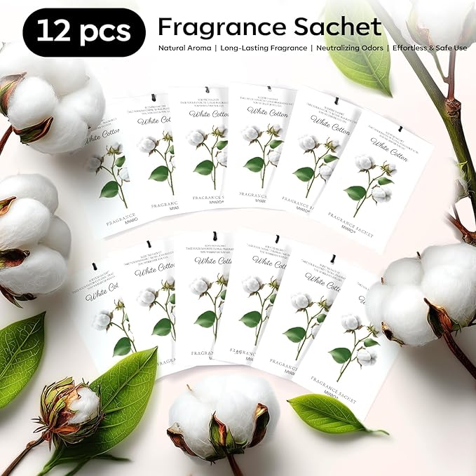 12 Packs Scent Sachets for Closet Clothes Storage - White Cotton Fragrance Long Lasting Home Air Freshener Odor Deodorizer
