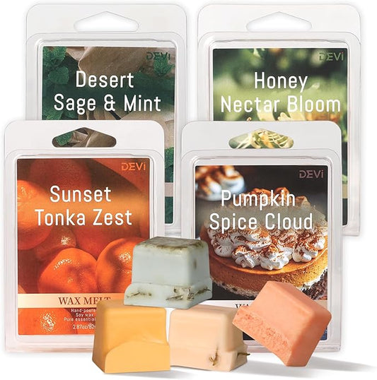 DEVI Assorted Scented Wax Melts with Dried Flowers(4 Pack), Natural Soy Wax Cubes Strong Scent - Plant-Based Scented Melts for Warmer, Pumpkin Spice, Citrus & Tonka, Peppermint & Sage, Honeysuckle