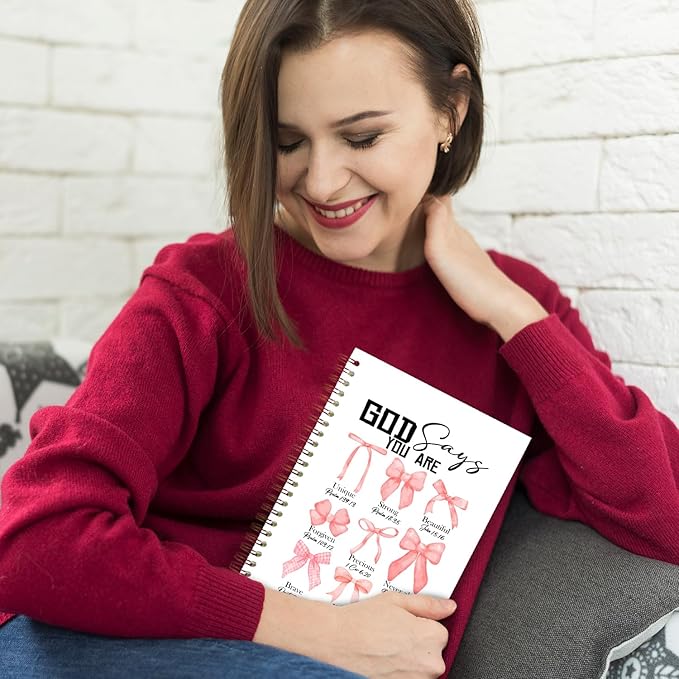 God Says You Are Christian Spiral Notebooks, Coquette Pink Bow Bible Journal, Scripture Journals for Writing, Girly Office Supplies, Religious Notebook for Note Taking, 5.5x8.3 Inch