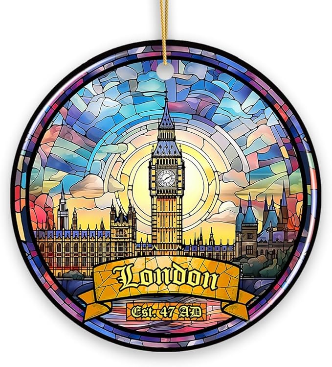 Elegant London Stained Glass Art Style Ornament, Vintage Big Ben Souvenir