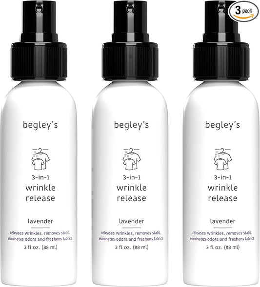 Begley's 3-in-1 Wrinkle Remover, Quick Fix Wrinkle Release, Static Cling Remover, Odor Eliminator and Fabric Refresher Spray - USDA Certified Biobased - Lavender, 3 oz Travel Size