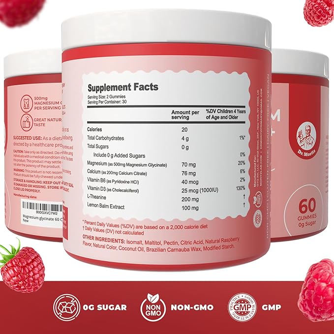 Dr. Moritz Magnesium Glycinate Gummies for Adults & Kids - with L-Theanine & Lemon Balm - Magnesium Gummies for Women & Men for Relaxation Support - No Sugar Added, Non-GMO (60 Count)