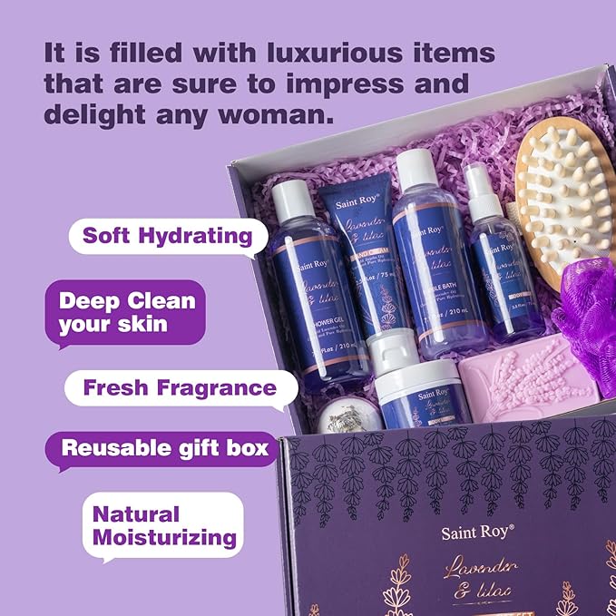 Bath and Body Gift Basket For Mother day Gift, Gifts for Her Birthday Gifts for Women, Lavender Relaxing Spa Gifts Basket Set, Christmas Gifts for Women Unique Idea for Mom Her with Massage Body Rush