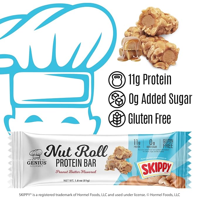 Genius Gourmet SKIPPY Peanut Butter Flavor Inspired Protein Nut Roll Bar,11g Protein per serving(18% DV), 0g Added Sugar, Carb Conscious Snack Bar, Gluten Free – 10 Count