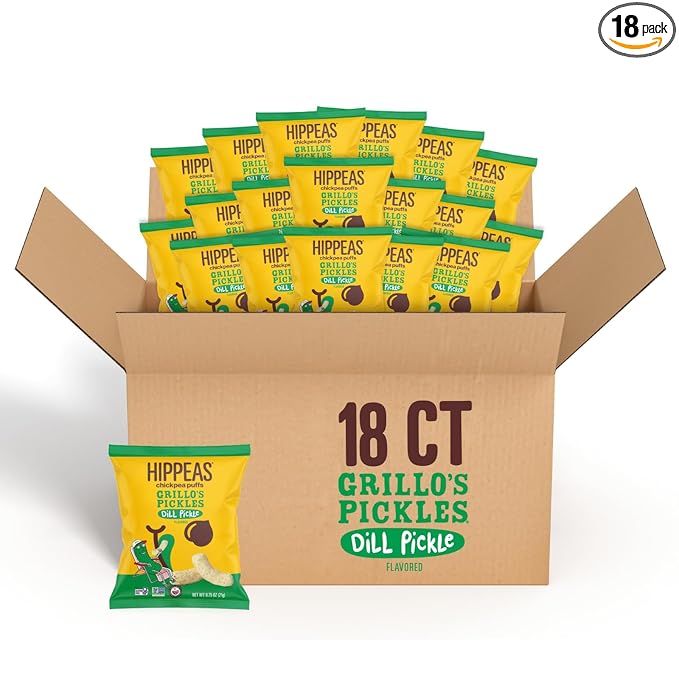 Hippeas Grillo's Dill Pickle, 0.75 Ounce (Pack of 18), 3g Protein, Fiber, Vegan, Gluten-Free, Crunchy, Plant Protein Snacks
