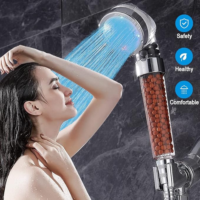 LED Handheld Shower Head Set with Filtration, Automatic 7-color Changing Shower Head Kit, High Pressure Handheld Shower Head with Hose and Bracket, Water Saving Showerheads with Filtration Beads