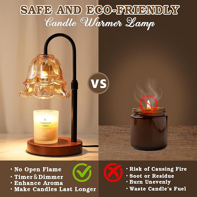 Candle Warmer Lamp with Timer Dimmable, Height Adjustable Birthday Gifts for Women Mom House Warming, Home Decor, Lotus Flower Candle Lamp Warmer 2 Bulbs Inc (Amber-1)