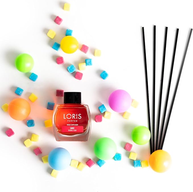 Loris Reed Diffuser - Bubble Gum - Aromatic Home Fragrance with Natural Essential Oils, 4.06 fl oz/120 mL – Long‑Lasting, Non‑Toxic, Gift Ready Scented Diffuser with Sticks for Room & Bathroom