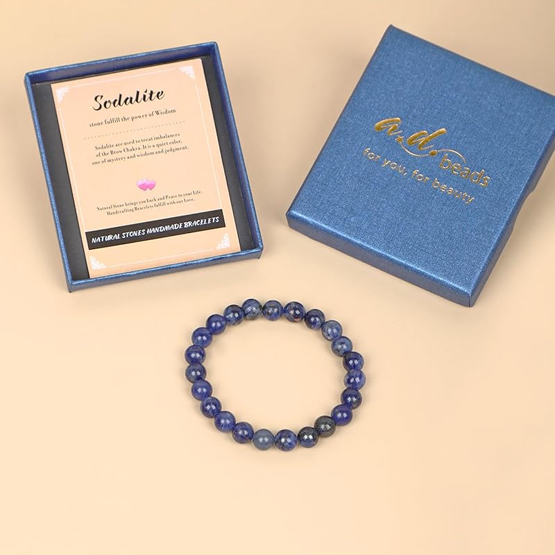 AD Beads Handmade Gemstone Stretch Elastic Bracelet Crystal Healing Reiki Nature's Beauty and Spiritual Essence Unisex (4mm, Blue Sodalite)