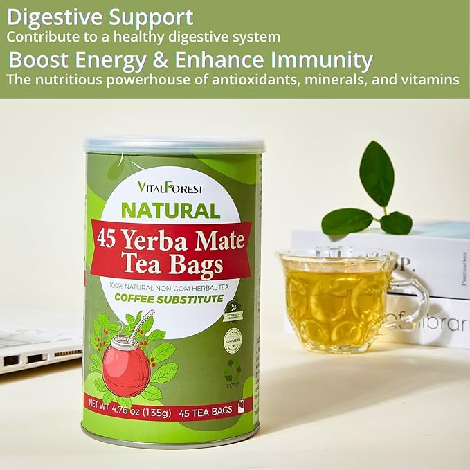 45 Yerba Mate Tea Bags, VitalForest Unsmoked Yerba Mate Argentina, Energy Burst Yerba Tea